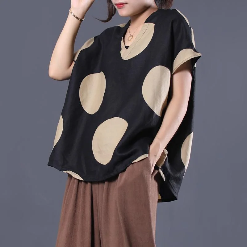 Art v neck linen clothes For Women Work black dotted shirts summer