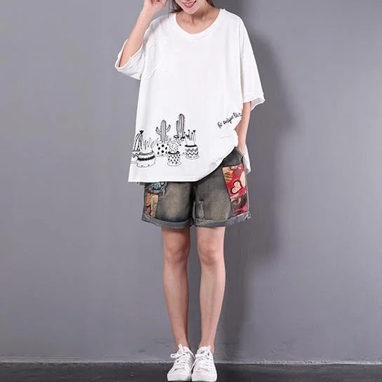 baggy summer loose white print cotton blouse plus size short sleeve t shirt