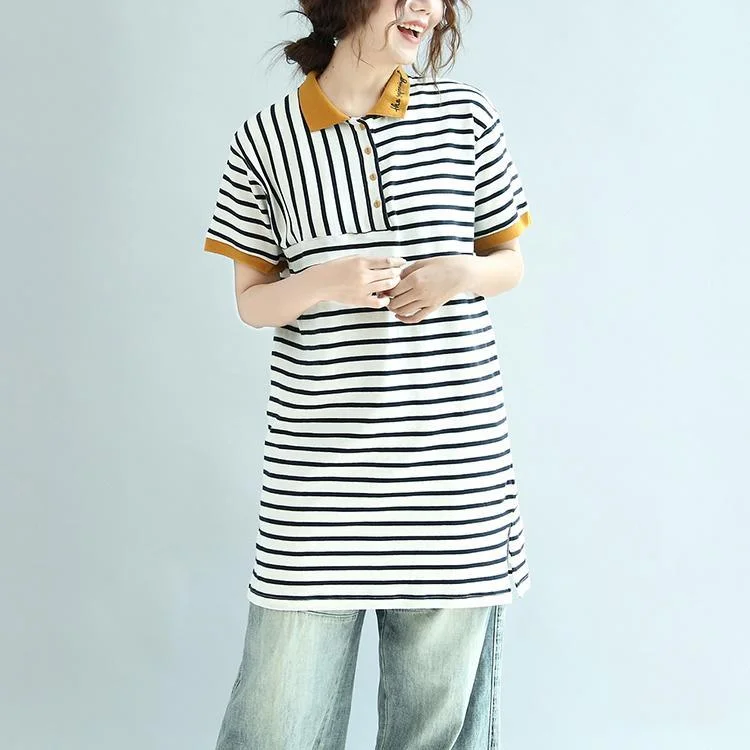 black white striped casual cotton tops embroidery loose sundresses short sleeve long t shirt