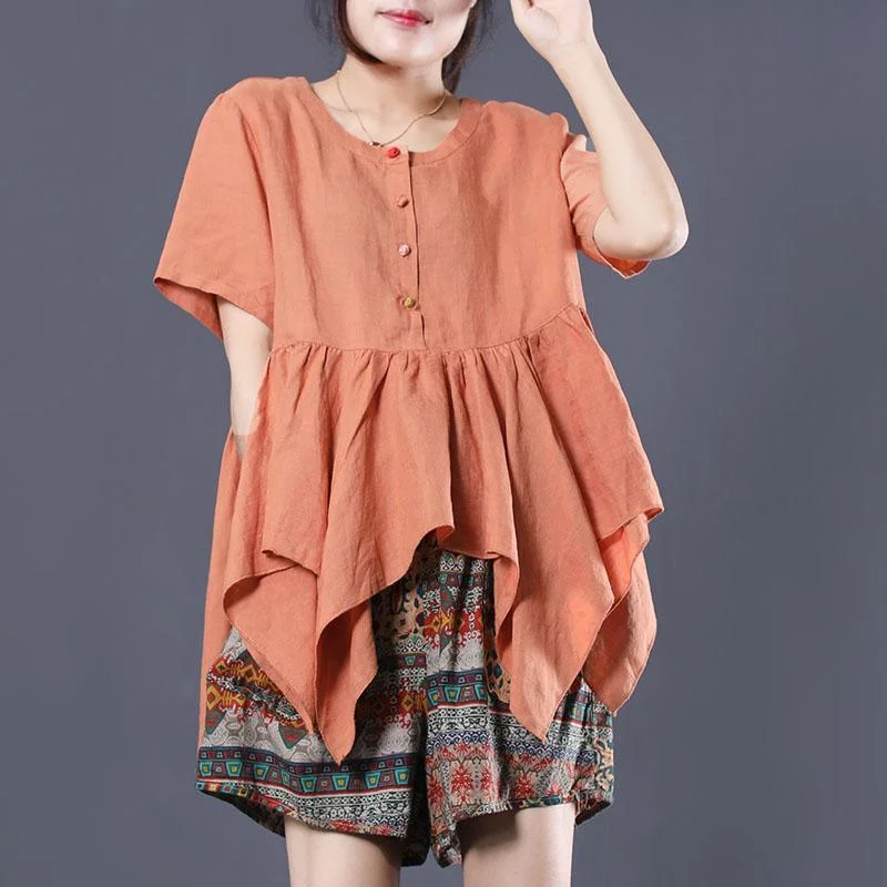 Chic asymmetric hem linen Blouse Shirts orange blouse summer