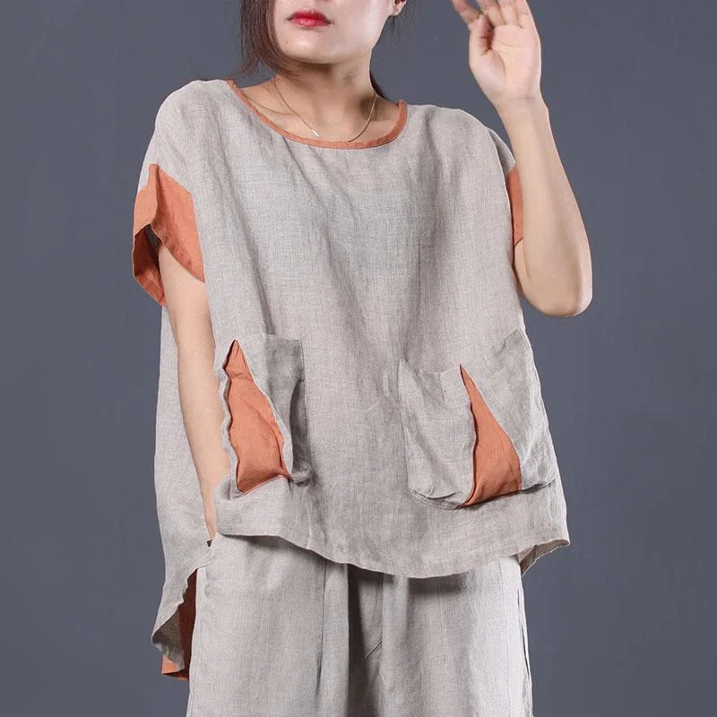 Natural asymmetric patchwork linen tunic top Photography beige shirts summer