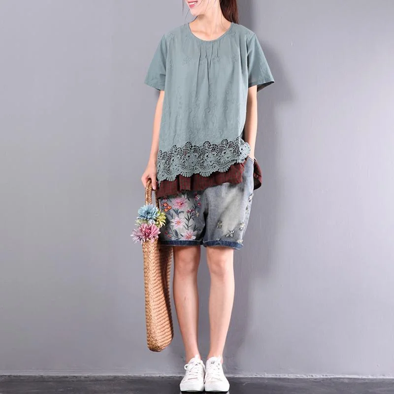 new green loose cotton blouse oversize lace hem short sleeve hollow out t shirt