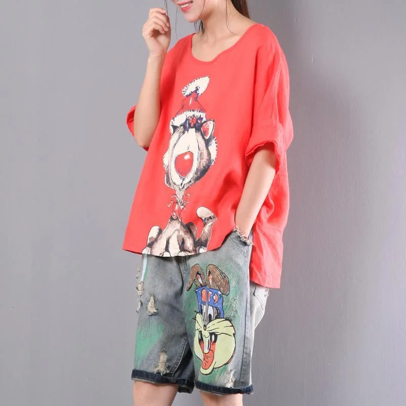 red  cartoon  casual cotton blouse oversize stylish tops short sleeve t shirt