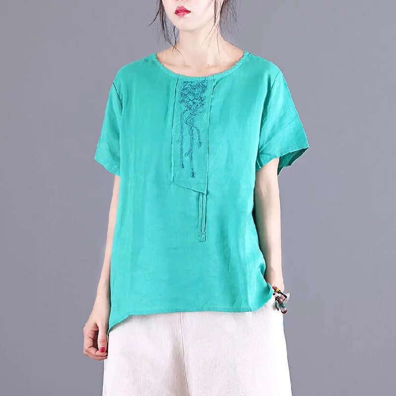 Simple o neck patchwork linen clothes For Women Work Outfits green embroidery shirt summer