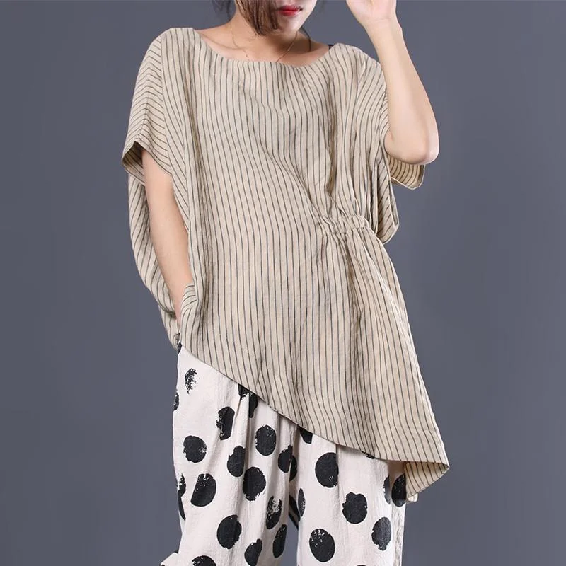 Style asymmetric cotton crane tops Shirts khaki striped top summer