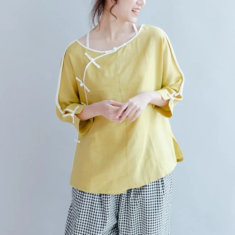 yellow linen casual blouse plus size vintage shirts mandarin long sleeve tops