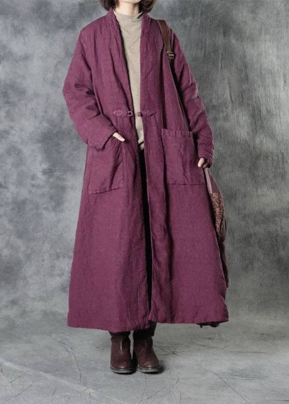 Luxury Purple Linen Button Pockets Winter Cotton Parka Long Sleeve