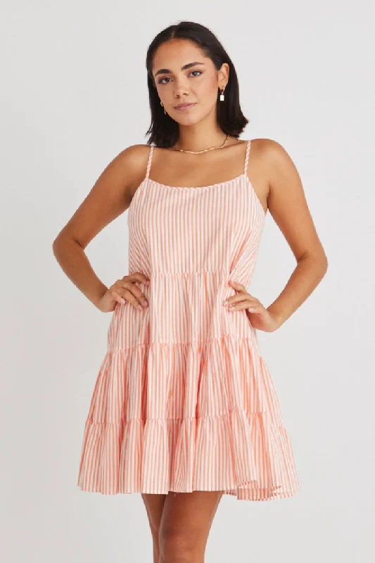 Garden Melon Stripe Strappy Tiered Empire Mini Dress