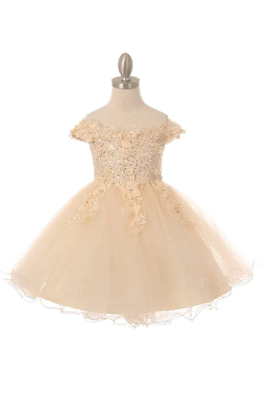 Champagne 12 Short Sleeve Embellished Party Flower Girls Dress Sale