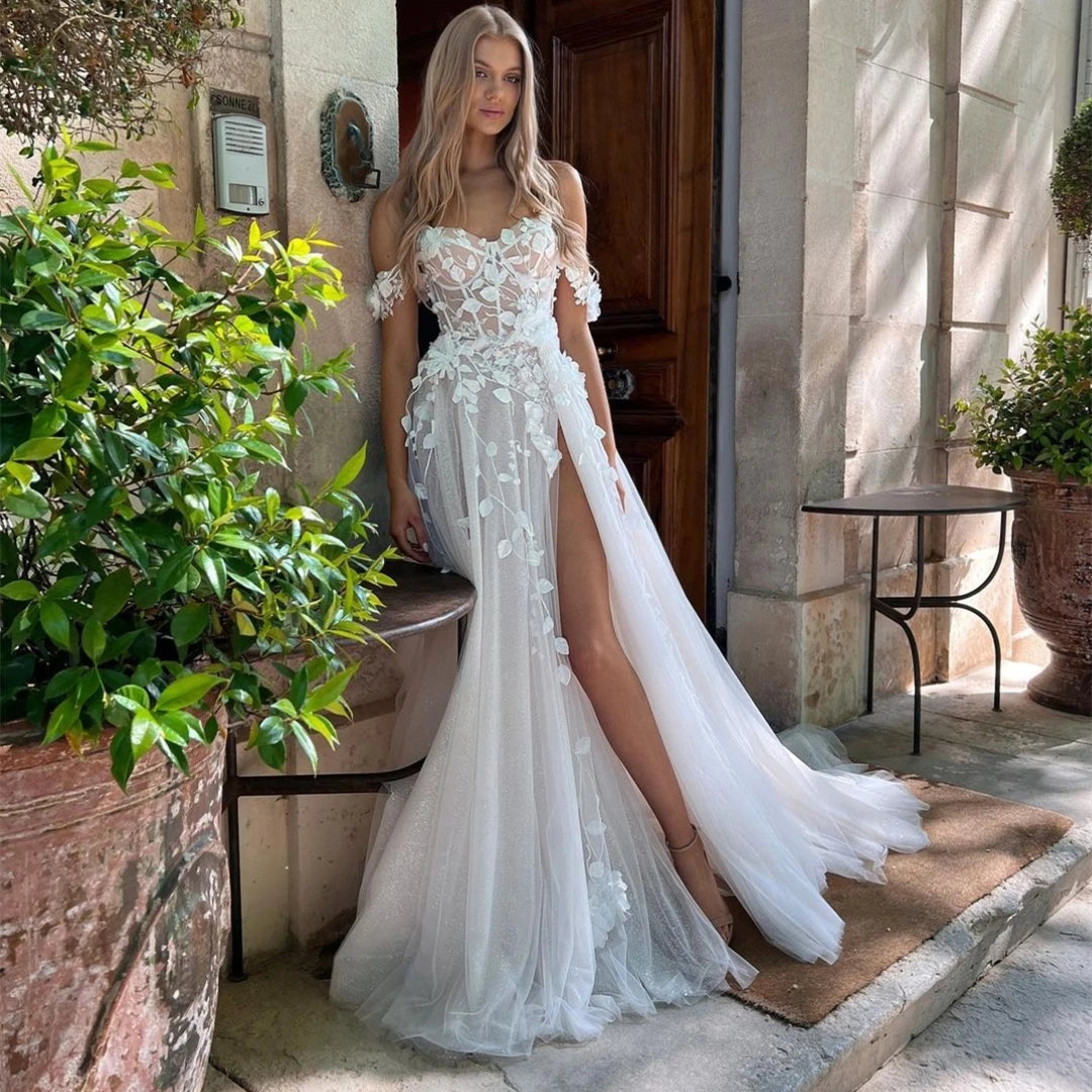 Bohemian Sweetheart Wedding Dress Side Split Floor Length For Women Bridal Gowns 3D Flowers Off The Shoulder Robe De Mariee