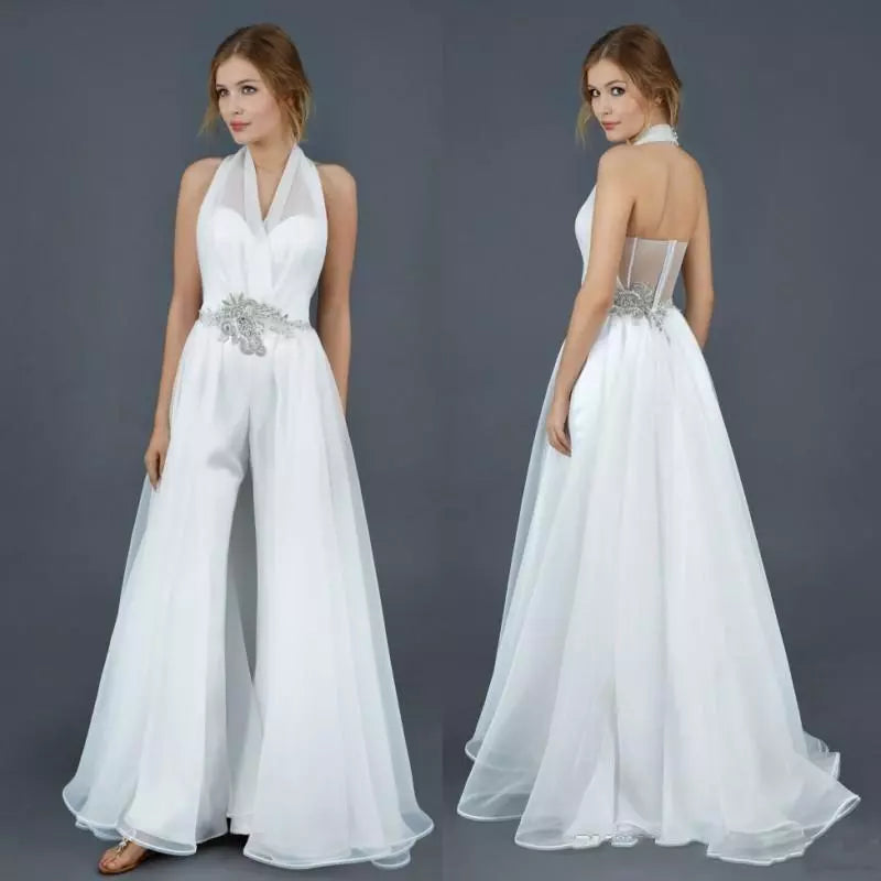 Elegant Halter Organza Wedding Pants With Train Sexy Backless Jumpsuits Dress Women For Wedding Sleeveless Vestido De Novia