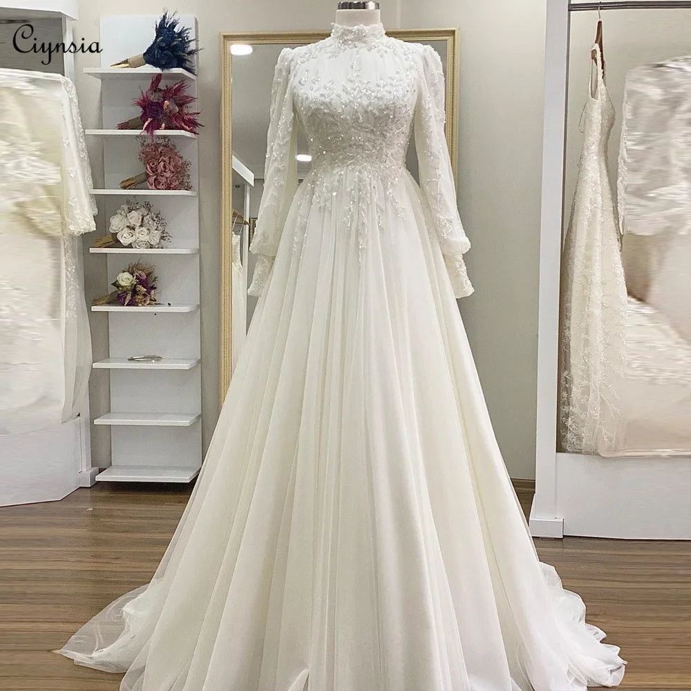 Elegant Lace Beaded Ivory Wedding Dresses Long Sleeves A-Line Tulle Bridal Gown Sweep Train Muslim Robe De Mariee