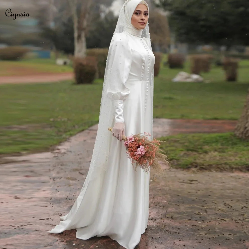 Elegant Satin Abaya Hijab Bride Dress Modest Bridal Dresses for Women Muslim Wedding Gown Pearls Veil Robes De Mariée