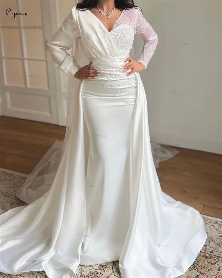 Elegant V-Neck Trumpet Wedding Gown Full Sleeves Satin Bridal Dress for Bride Lace Beads Vestidos De Novia