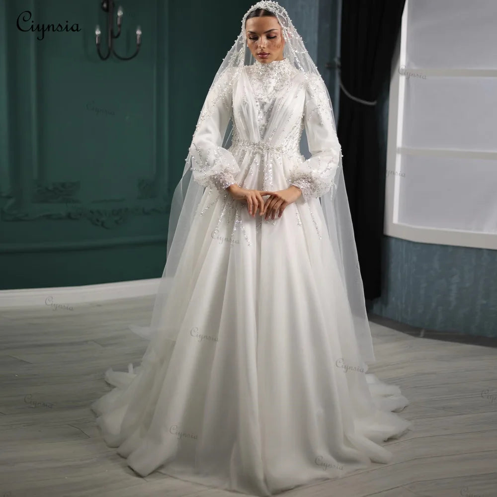 Hijab Muslim Luxury Wedding Gowns for Women Bride A-Line Pearls Beading suknia ślubna Long Sleeve Bridal Dress