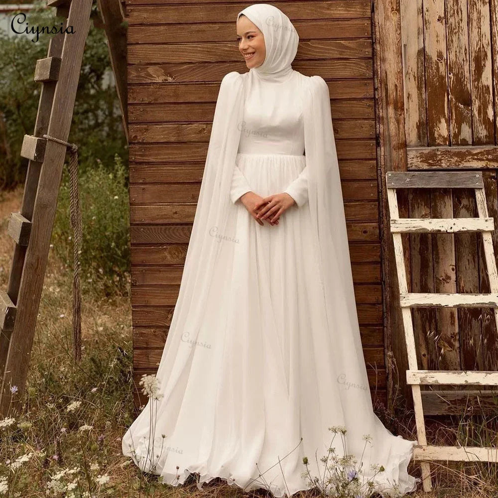 Ivory Chiffon Muslim Hijab Wedding Dresses with Cape A-Line Dubai Bridal Gowns For Women Bride Robe De Mariée