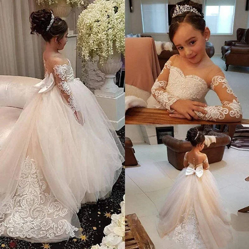 Long Sleeves Lace Little Wedding Guest Tulle Unique A-line Flower Girl Dresses, FG1450