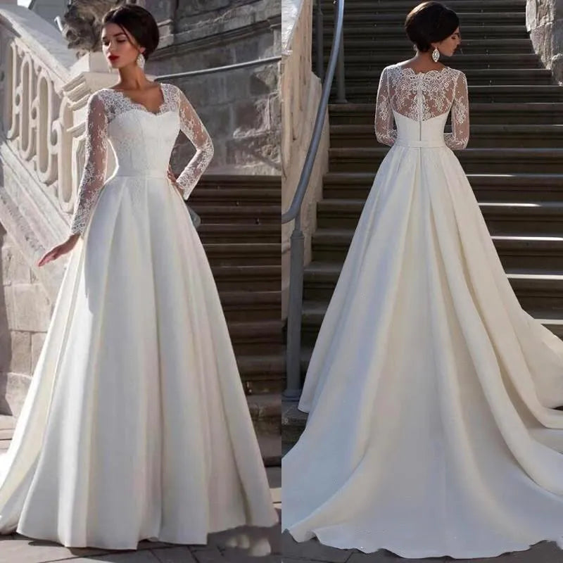 Modest Lace Appliqued A-line Satin Wedding Dress V Neck Sheer Back Long Sleeve For Women Princess Robe de Mariee Customize