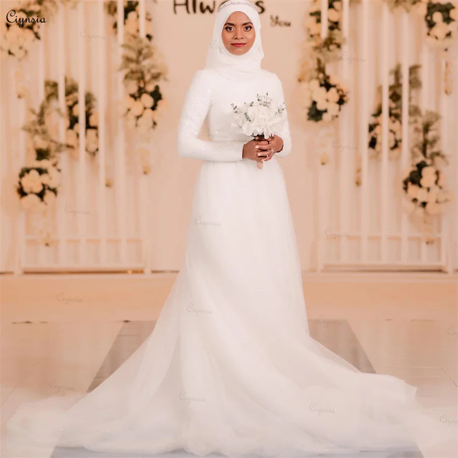 Muslim Long Sleeve Wedding Gown High Neck A-Line Glitter Tulle Beaded Dubai Hijab Bridal Dresses Abito Da Sposa