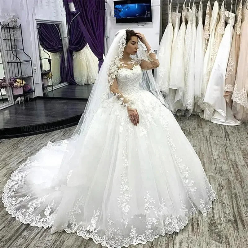 NUOXIFANG Elegant Long Sleeves Plus Size Wedding Dress White Robe De Mariee  Appliques Lace Bridal Gowns Vestido De Novias