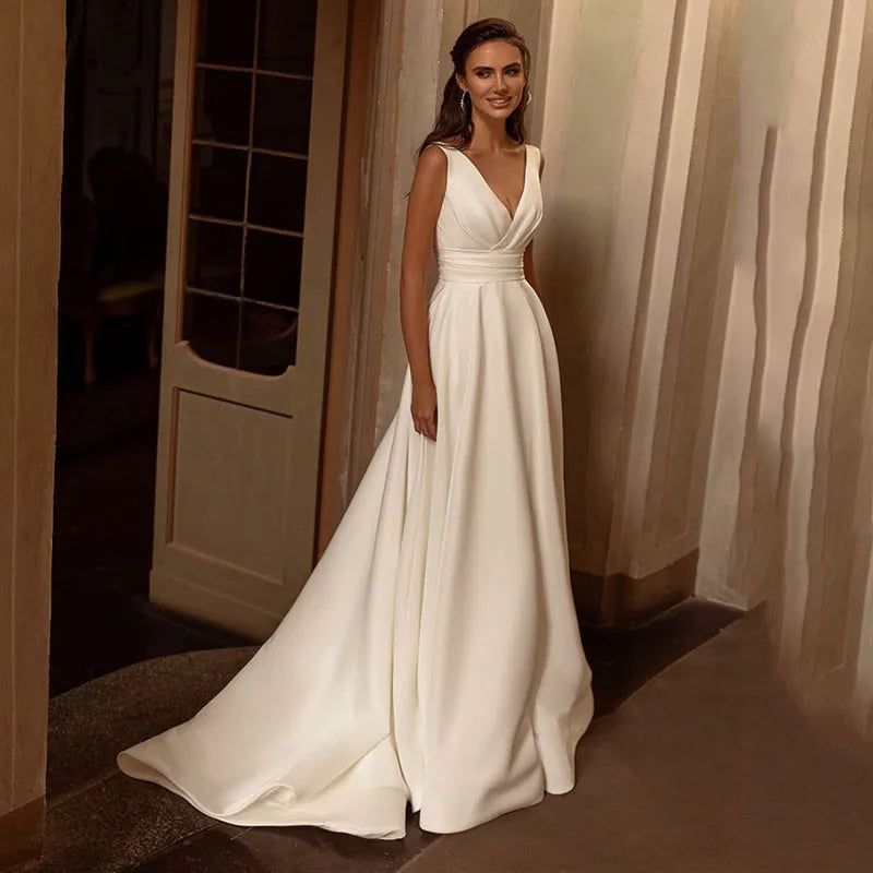 Satin Wedding Dresses A Line V Neck Bride Dress Classic Sleeveless Elegant Floor Length Wedding Gowns